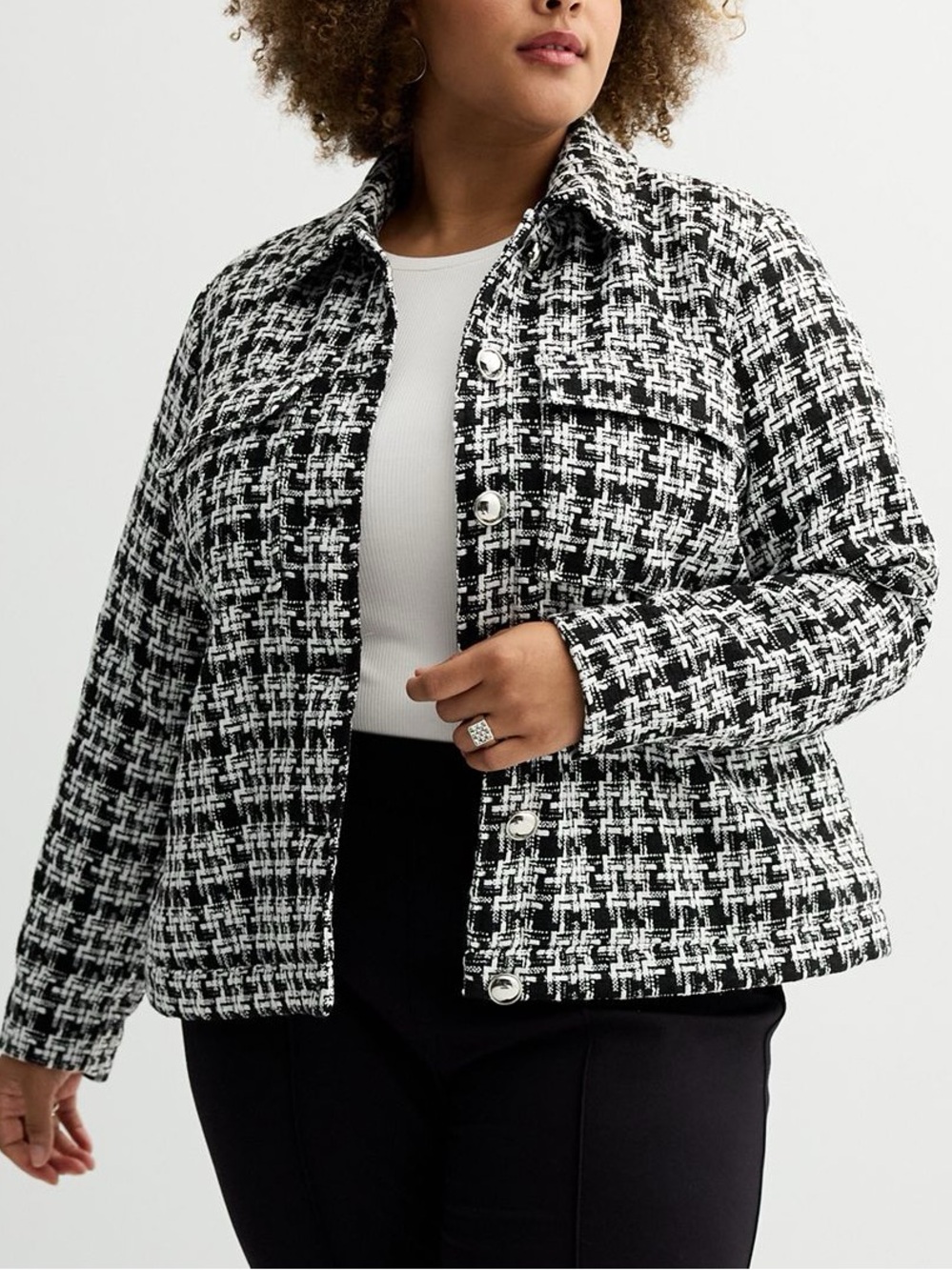 Nine West Black and White Houndstooth Tweed Peplum Blazer XL